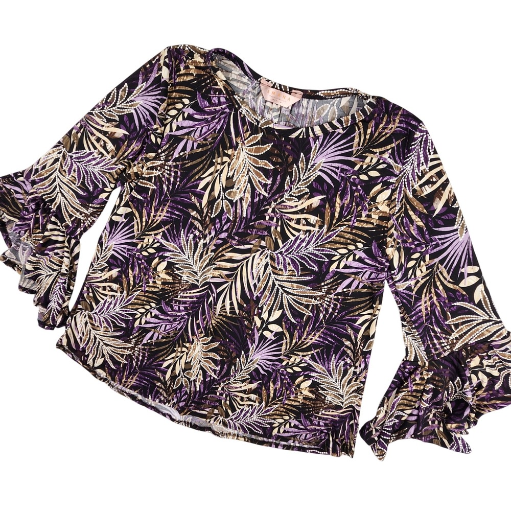 Womens Medium Floral Top Black Tiered Bell Sleeve Stretch Tropical Boho Resort